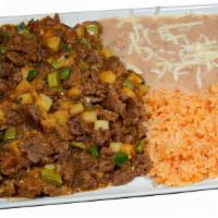Bistec Ranchero · asada, potato, cactus, chile serrano,
red sauce, green sauce, rice & beans