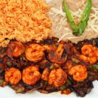 Carne y Camarones “La Patrona” · asada, camarones, nopal, bell peppers, rice & beans