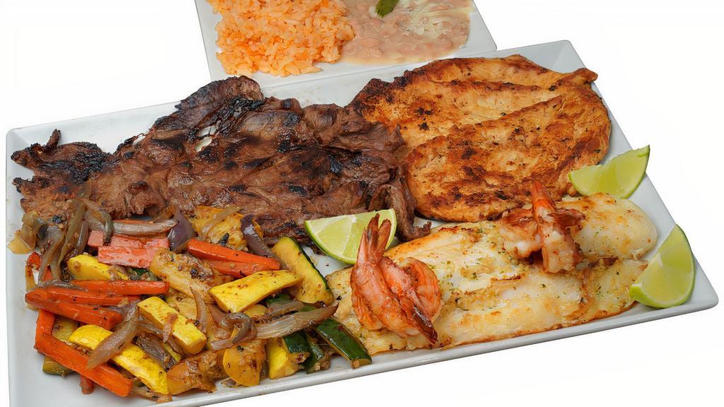 Cielo, Mar & Tierra · Asada, chicken, fish filled & 4 shrimps, rice, beans and veggies