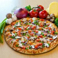 Garlicky Chicken · Grilled chicken breast, mushrooms, fresh California tomatoes, red and green onions and sprin...