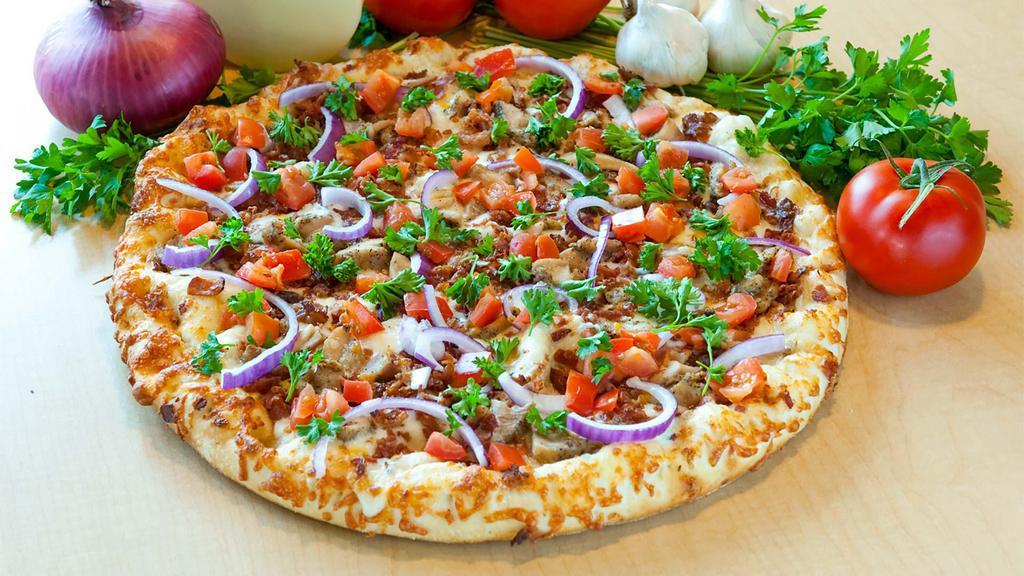 Chicken Bacon Ranch Pizza · Simply heavenly with grilled chicken breast, smoky bacon, red onions, fresh California tomatoes and six naturally aged California cheeses on top of a flavorful ranch sauce.
