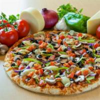 Classic Veggie Pizza · Fresh California grown tomatoes, crisp bell peppers, red onions, sliced mushrooms, artichoke...