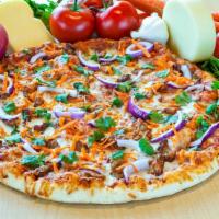 Barbecue Chicken Pizza · A traditional BBQ chicken pizza with grilled chicken breast, red onions and cilantro, with s...