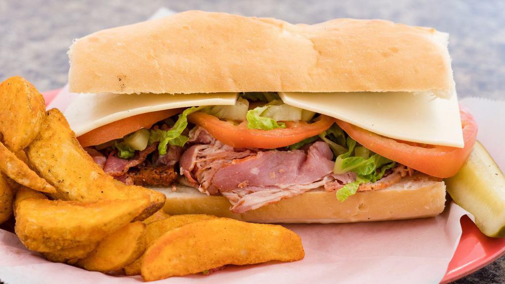 Hot Pastrami Sandwich · Lean Pastrami & Swiss Cheese with Lettuce, Tomato, Mustard & Mayo on our Baguette Roll.