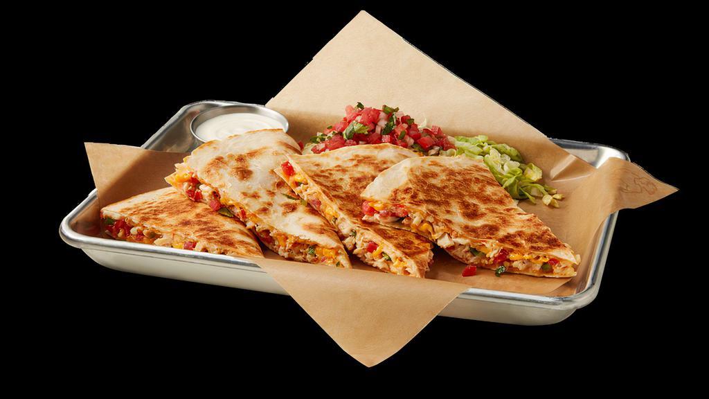 Chicken Quesadilla · GRIDDLED FLOUR TORTILLA / PULLED CHICKEN / CHIPOTLE BBQ SEASONING / CHEDDAR-JACK CHEESE BLEND / HOUSE-MADE PICO DE GALLO / SHREDDED ICEBERG LETTUCE / CREMA