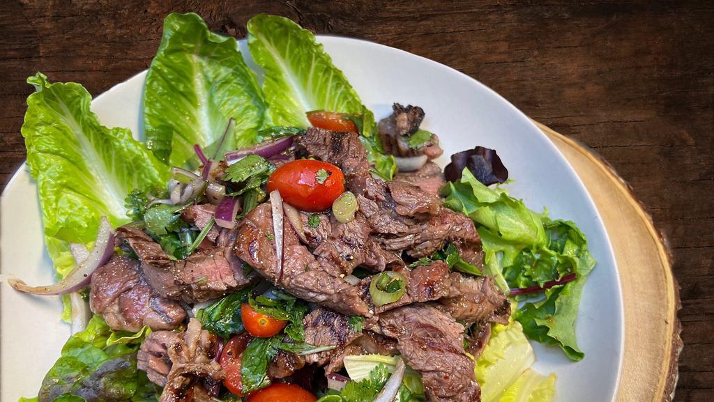 Num Tok	(Grilled ribeye steak salad) · Grilled ribeye steak marinated in E-Sarn Thai style with fresh herbs, roasted chili, roasted rice, lime juice served with organic spring mix