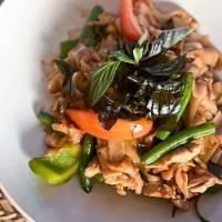 Drunken Noodle · Medium spicy!!. Wok-fried flat rice noodles with garlic, green beans, bell peppers, tomatoes...