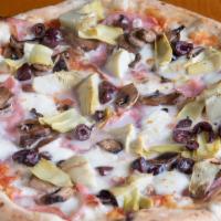 Capricciosa · Pizza with ham, black olives, artichokes heart and mushroom, tomato sauce ,mozzarella cheese
