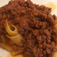 Pappardelle Bolognese · Homemade Pappardelle pasta with fresh Bolognese sauce