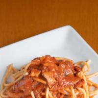 Bucatini Amatriciana · Thick spaghetti with tomato sauce, pancetta and onions
