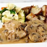 Veal Scaloppini · Mushrooms, marsala wine, seasonal vegetables, and potatoes.