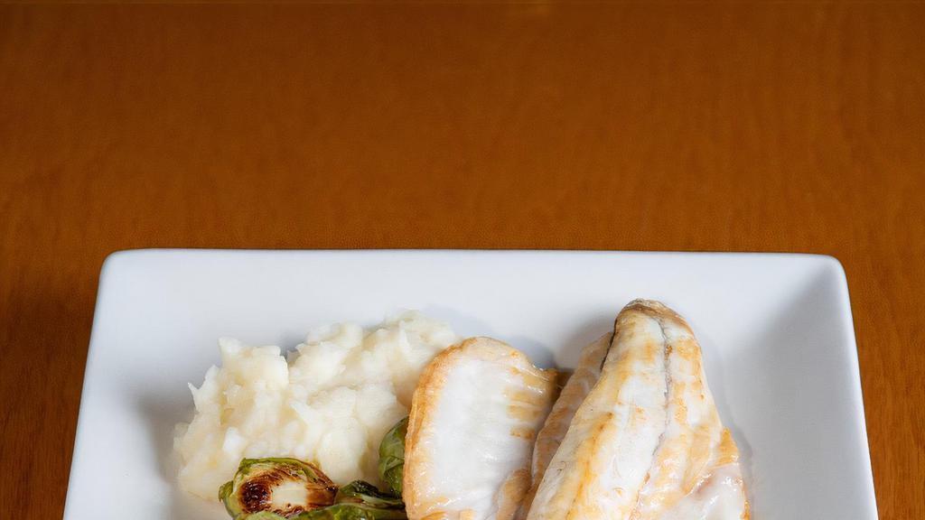 Branzino mediterranean Seabass) · Grilled with lemon sauce, mashed potatoes and Brussel sprouts