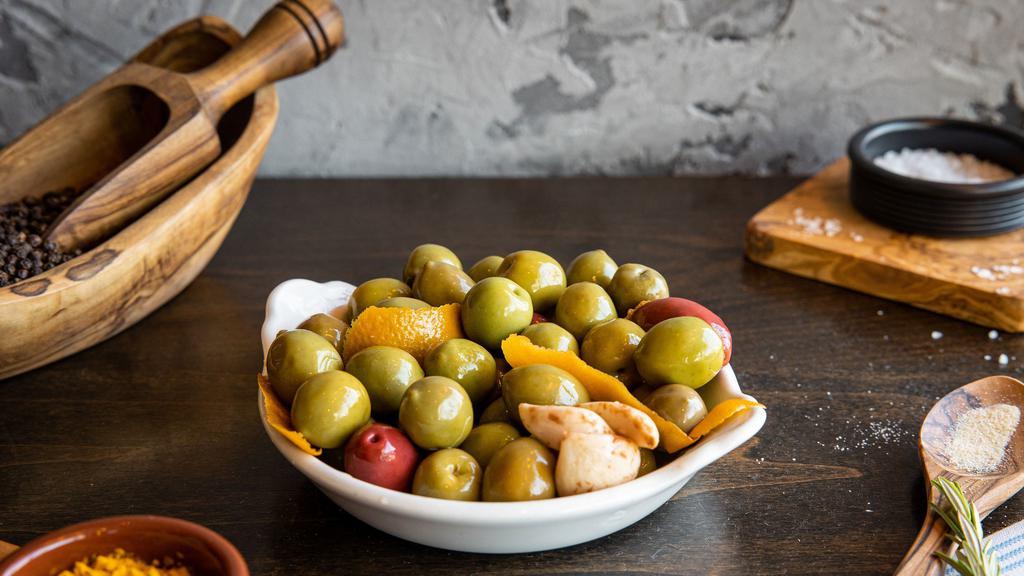 Aceitunas · orange zest, sherry vinegar, pickled garlic, olives