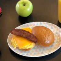 Egg, Sausage ＆ Cheese Sandwich · 2 eggs scrambled, chicken sausage and melty cheddar cheese on a brioche bun.