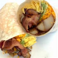 Bacon ＆ Cheddar Breakfast Burrito · A massive unit with 2 scrambled eggs, cheddar, melty cheddar, home fries, avocado and onion ...