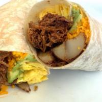 Pulled Pork Breakfast Burrito · Carnitas. A massive unit of 2 scrambled eggs, braised pulled pork, melty cheddar, home fries...