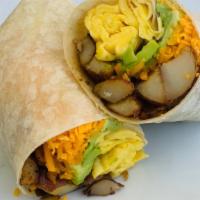 Vegetarian Breakfast Burrito · A massive serving of 2 scrambled eggs, melty cheddar, home fries, avocado, and onion marmala...