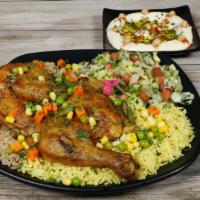 Half Chicken plate · Served with rice, house salad, hummus and pita bread.