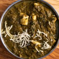 Saag Paneer · Cottage cheese, mustard greens, spinach, finely chopped broccoli or other greens, tempered w...
