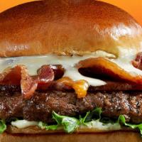 Extra Bacon Burger · Blue moon BBQ braised pork belly, Applewood smoked bacon, sharp white cheddar, bacon jam, le...