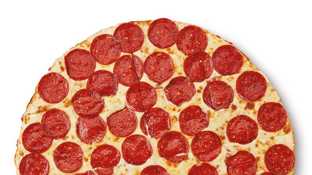 Extramostbestest® Thin Crust Pepperoni · Large thin crust pizza topped right to the edge with extra Cheese and the most Pepperoni, all at the nation’s best price (2180 Cal)