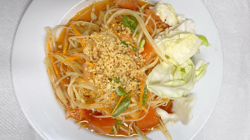 Papaya Salad · Green papaya mixed with lettuce, carrots, green beans in tangy salad dressing, topped with roasted ground peanuts