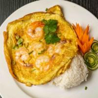 Thai Omelette with Shrimp · Thai style omelette with shrimp over rice