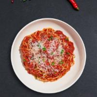 Midnight Creamy Red Pasta (Spaghetti) · Spaghetti with tomato cream sauce, Italian sausage, mushrooms, cherry tomatoes, fresh parsle...