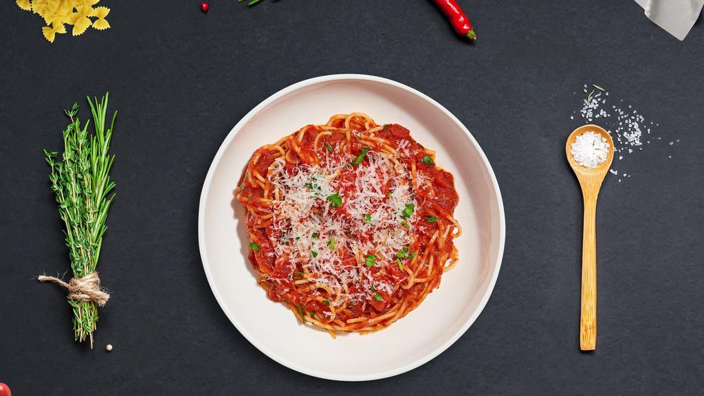 Midnight Creamy Red Pasta (Spaghetti) · Spaghetti with tomato cream sauce, Italian sausage, mushrooms, cherry tomatoes, fresh parsley, parmesan
