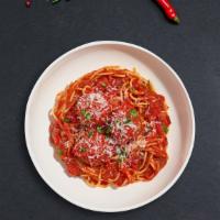 Spaghetti With A Chance of Meatballs · Spaghetti and homemade ground beef meatballs served with red sauce, red pepper flakes, and p...