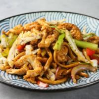 Shanghai Chicken Fried Noodle · Stir Fried Thick Noodle with Chicken Breast , Onion , Bell Pepper & Cabbage