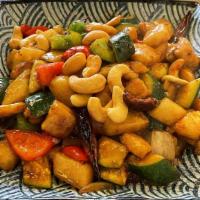 Cashew Kung Pao Chicken · Stir Fried Chicken Breast ,Zucchini, Yam Bean, Bell Pepper, Celery & Cashew with House Spicy...