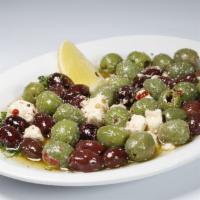 Feta & Olives · Vegetarian, gluten free. Pasteurized cow milk feta, kalamata olives, herbs & olive oil.
