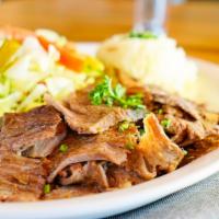 Lamb & Beef Gyros Plate · Gluten-free. Slow cooked, thinly sliced, marinated lamb & beef.