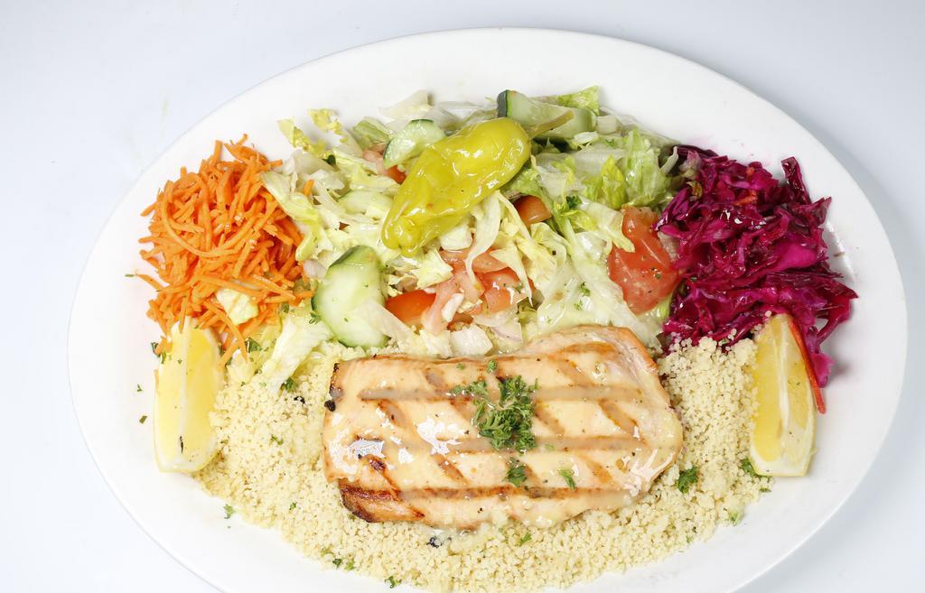 Grilled Salmon Plate · Gluten-free. Marinated fillet with extra-virgin olive oil, lemon & spices (fresh, never frozen)