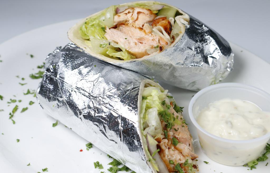 Salmon Wrap (with tartar sauce) · Grilled salmon, marinated with olive oil, lemon & herbs, with tartar sauce (fresh, never frozen)