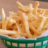 Greek Fries · French cut fries with garlic,feta and parmesan cheese,parsley &herbs.