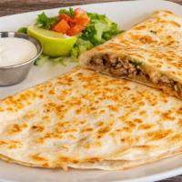 Meat Quesadilla · Large flour tortilla with choice of meat, onion, cilantro, salsa.