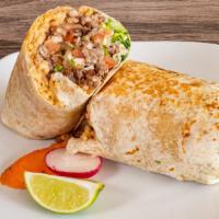 Super Burrito · Large flour tortilla wrapped with choice of meat, pinto beans, Mexican rice, lettuce, tomato...