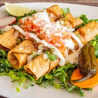 Flautas · 3 rolled taquitos with choice of meat, topped with onion, cilantro, salsa, Cotija cheese, so...