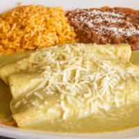 Enchiladas Verdes · 3 chicken or cheese enchiladas topped with our homemade tomatillo sauce and shredded cheese.