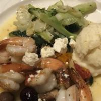 Gamberi Alla Mediterranean · Tiger prawns sautéed in garlic, olive oil, olives, fresh tomatoes, mushrooms, and green onio...