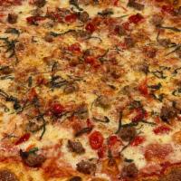 Italian Sausage Pizza · Tony’s house pizza sauce, Italian sausage, fresh mozzarella cheese, peppadew peppers and bas...