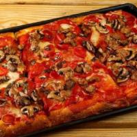 Fratellanza Pizza · Tomato sauce, shredded mozzarella, pepperoni, salami, pinched sausage, mushrooms, Romano che...