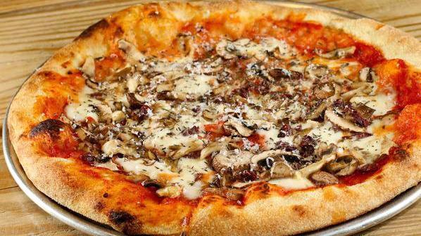 Fungi Pizza · Fresh mozzarella, hen of the woods crimini, kalamata olives, pecorino and fresh thyme.