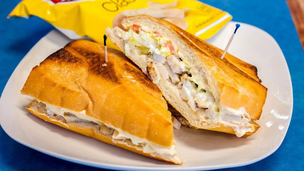 Chicken Sandwich · Tieh mayo, lettuce, tomato, and Swiss cheese.