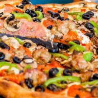 Combination Pizza · Salami, pepperoni, ham, bell peppers, olives, mushrooms, and sausage.