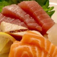 Sashimi Yonshu Mori [GF] · Appetizer for One: 3 tuna, 2 salmon, 1 albacore, 1 shiromi usuzukuri. Appetizer portion.