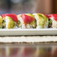 Wasabi Tuna Kawari Maki (6pc) · Fried unagi and wasabi tobiko, rolled with tuna and avocado drizzled with unagi sauce. (6 pi...