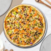 Vego Veggie Overload Pizza · Pesto sauce, mushrooms, artichoke hearts, fresh garlic, black olives